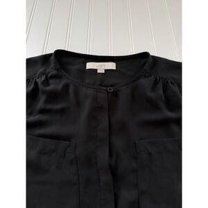 Ann Taylor LOFT Sheer Black Button Up Top Women's Large Long Sleeve Pockets‎